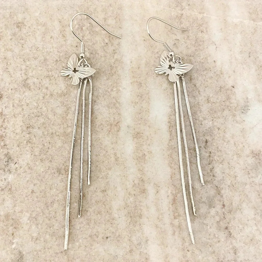 925 Sterling Silver Butterfly Dangle Earrings Long Tassel Chain Drop Earrings